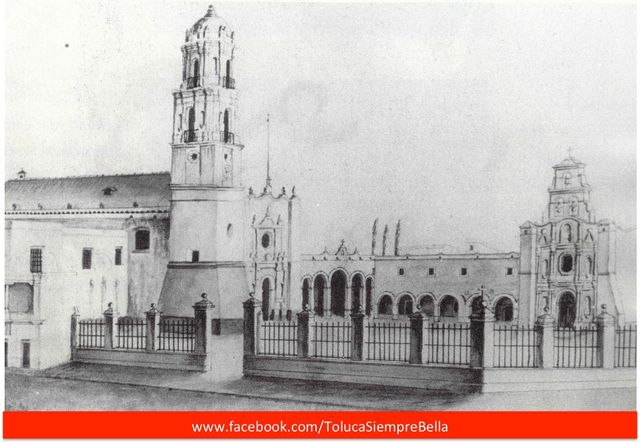 Litografia del Convento Franciscano de Nuestra Señora de la Asuncion de TOLUCA. A la izquierda la parroquia de la Asuncion de TOLUCA la cual fue demolida para dar paso a nuestra actual catedral, a la derecha la inconfundible portada rematada con espadaña 
